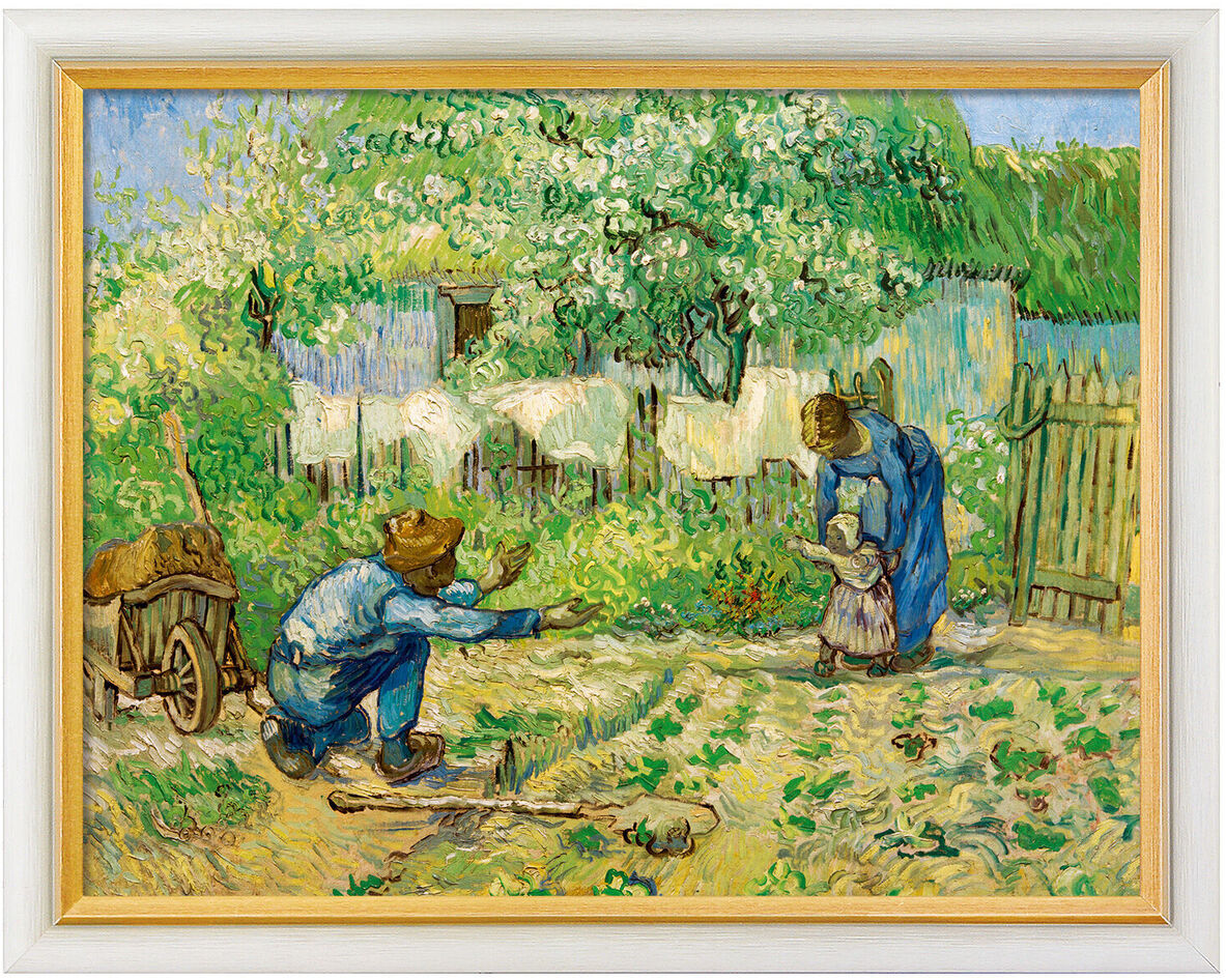 Ölgemälde von Vincent van Gogh aus dem Jahr 1890. Ein Paar in Bauernkleidung ermutigt ein kleines Kind beim Laufen im Garten, umgeben von Bäumen und Wäsche auf einer Leine.