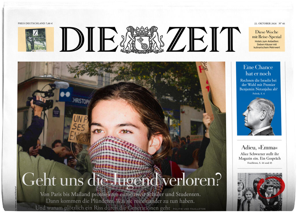 Freigestellte Titelseite der Wochenzeitung DIE ZEIT, Ausgabe 46/2026. Unter dem schwarzen Zeitungskopf zeigt ein großes Foto eine junge Demonstrantin mit kariertem Tuch vor Mund und Nase. Schlagzeile: „Geht uns die Jugend verloren?“ Rechts stehen kleinere Teaser mit blauem Porträt und historischen Fotos.