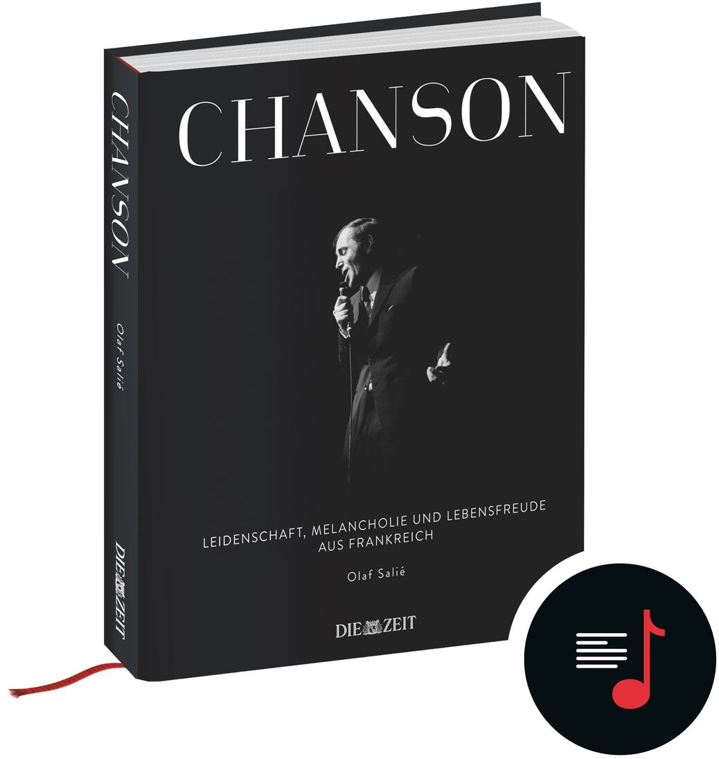 Das Bild zeigt das Buch »CHANSON« aus der ZEIT-Edition. Das Cover ist in Schwarzweiß gehalten und zeigt einen singenden Mann. Der Titel und Untertitel sind in weißer Schrift. Ein kleines Symbol mit einem roten Musik-Icon befindet sich in der unteren rechten Ecke.