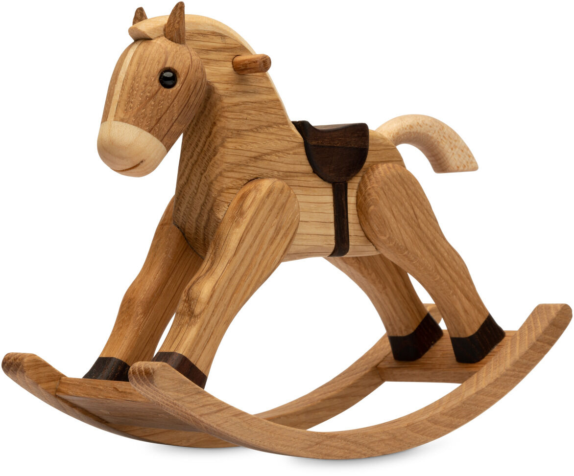 Holzfigur eines klassischen Schaukelpferds aus naturbelassenem, hellbraunem Holz mit dunklen Akzenten an Sattel und Kufen. Das Schaukelpferd steht auf zwei gebogenen Balken und hat detaillierte, glatte Oberflächen. Geeignet als Dekoration oder Spielzeug für Kinder.