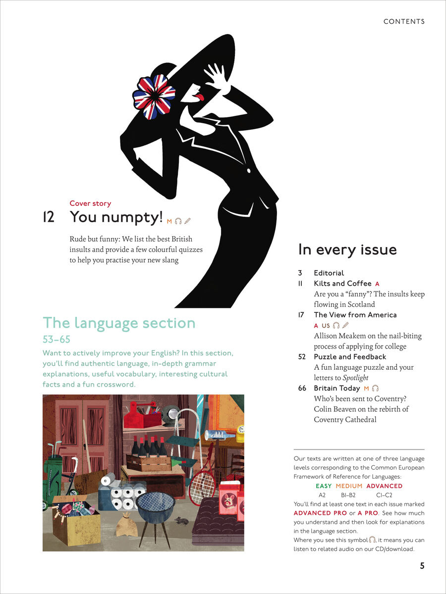 Doppelseite des Spotlight Magazins 5/2026. Oben rechts Inhaltsübersicht, links eine große Illustration einer stilisierten, schwarz-weißen britischen Figur mit Hut, Union-Jack-Blume am Hutband. Unten Abbildung eines vollgestellten englischen Wohnzimmers. Textelemente zum Thema Sprache, Rubriken und Highlights der Ausgabe.