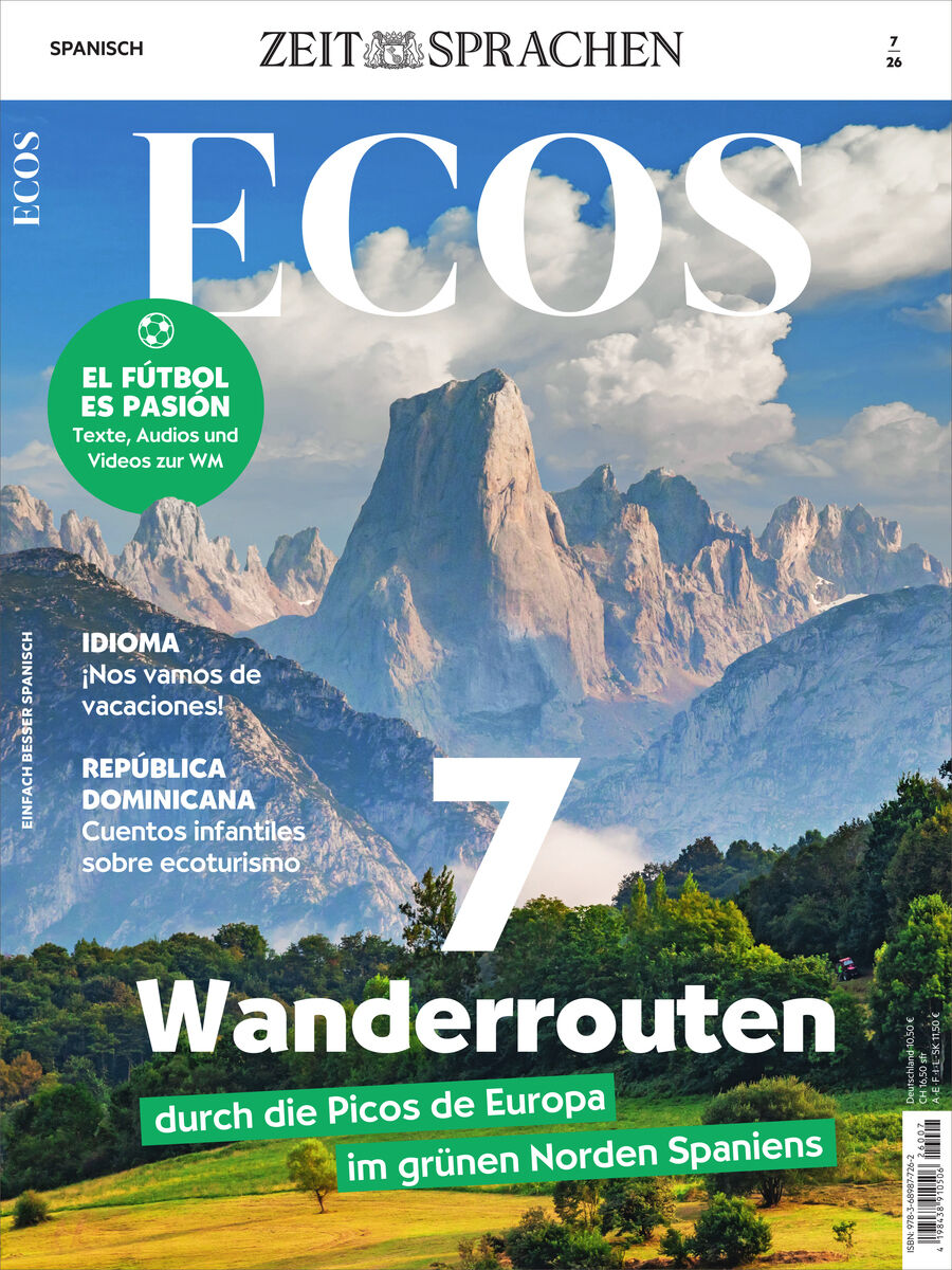 Titelbild des Ecos Magazin 7/2026 von Spotlight Verlag mit Berglandschaft der Picos de Europa im Sonnenlicht. Schriftzüge heben das Thema „7 Wanderrouten im grünen Norden Spaniens“ hervor. Zusätzlich Themen zu Fußball, Urlaub und Ökotourismus. Großes ECOS-Logo oben.