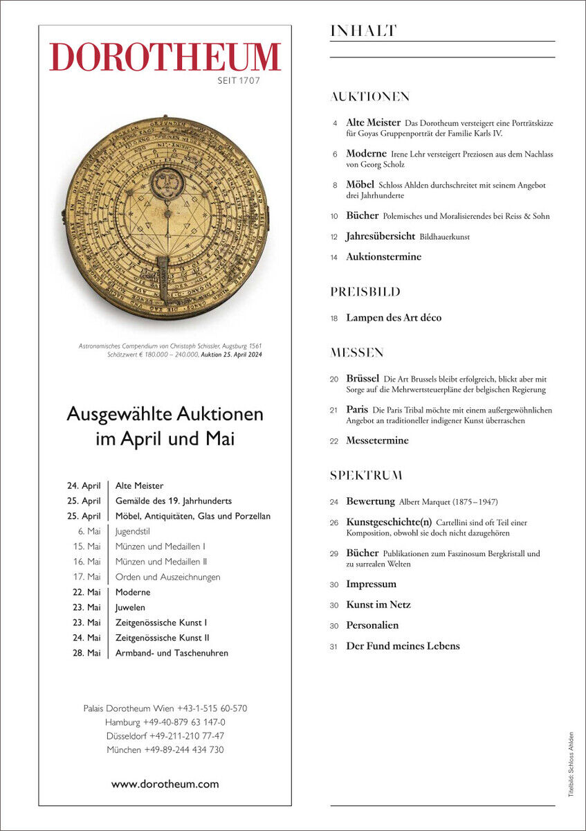 Titelbild der Publikation 'KUNST UND AUKTIONEN 7/24' zeigt das Logo des Dorotheums oben links, zur Verfügung gestellte Auktionstermine für April und Mai sowie eine antike Scheibe als zentrales Bild.