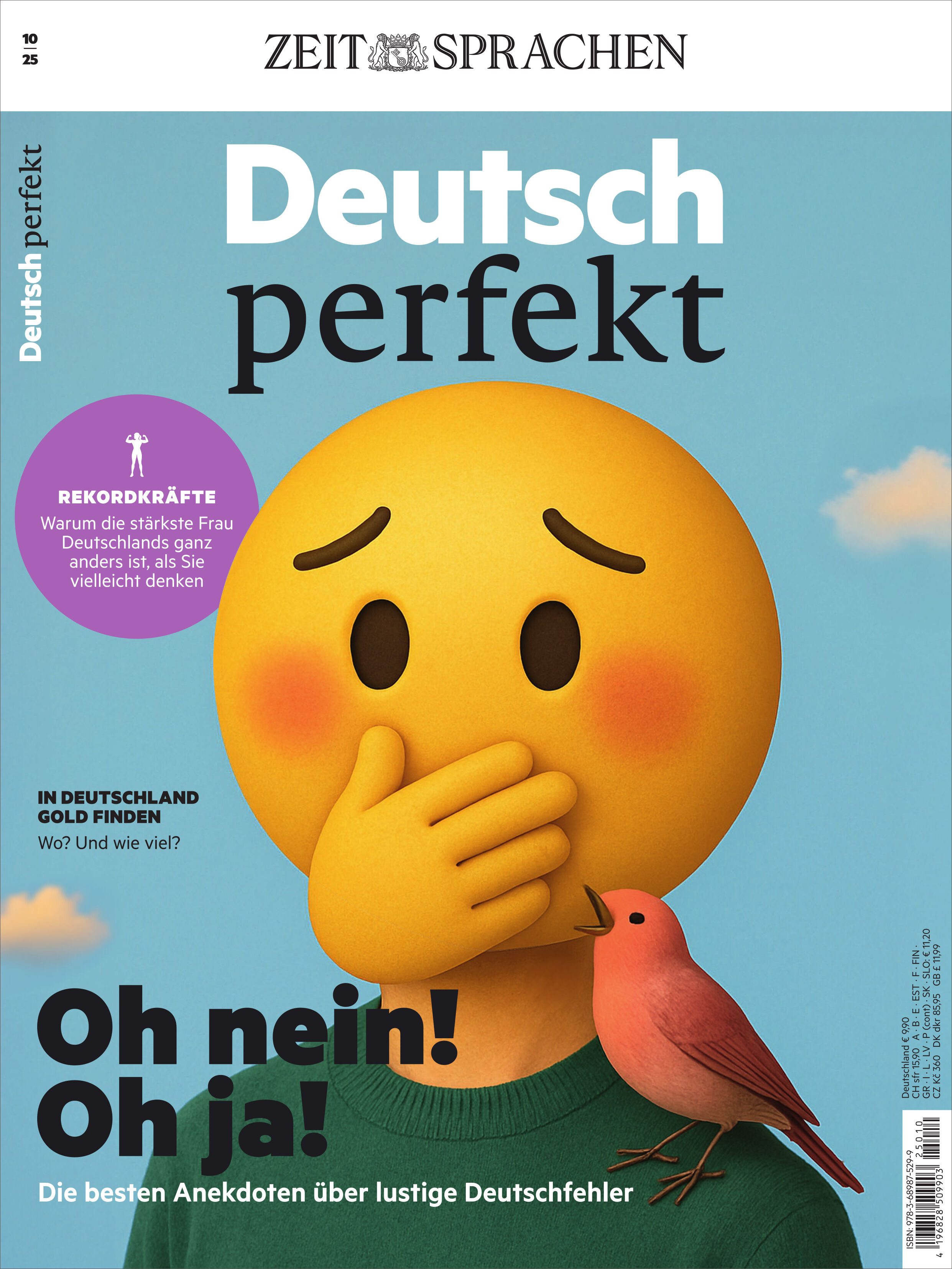 Titelbild des Magazins 'Deutsch perfekt' Ausgabe 10/2025 mit einer großen lachenden Emoji-Figur, die sich die Hand vor den Mund hält. Ein kleiner Vogel sitzt auf der linken Seite des Emojis. Im Hintergrund sind der weiße, hellgrüne und gelbe Farbbereich sowie diverse Überschriften zum Thema lustige Deutschfehler und Sprachanekdoten zu sehen.