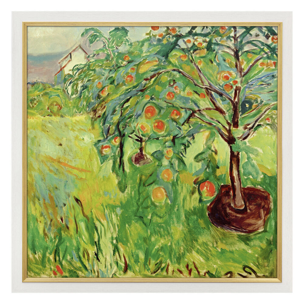 Das Gemälde »Apfelbaum am Atelier« von Edvard Munch aus den Jahren 1920-28 zeigt einen blühenden Apfelbaum voller oranger Früchte inmitten einer grünen Landschaft. Im Hintergrund sind das Atelier des Künstlers und eine hügelige Landschaft zu sehen. Die Farben dominieren in kräftigen Grün-, Orange- und Brauntönen, mit Akzenten von Blau und Gelb.