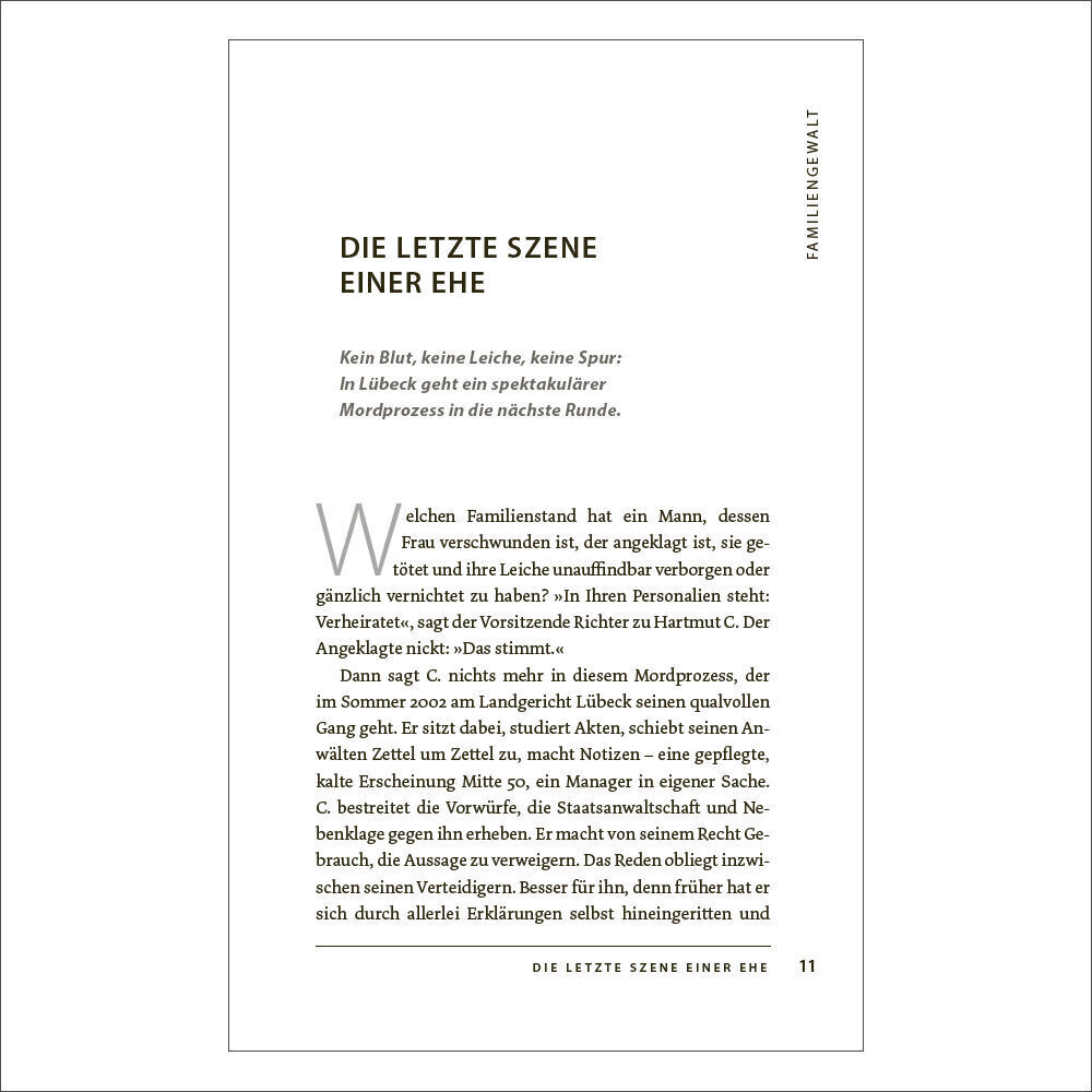 Ein Bild von der ersten Seite eines Buches namens ZEIT Verbrechen - Paperback mit dem Titel DIE LETZTE SZENE EINER EHE, in schwarzem Text auf weißem Hintergrund.