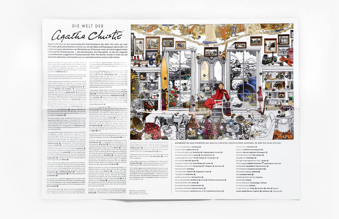 Die Welt der Agatha Christie Puzzle zeigt eine detaillierte Illustration mit Szenen und Charakteren aus den Agatha Christie Romanen. Texte und Bilder sind auf der Verpackung abgebildet, die farbenfroh und kunstvoll gestaltet ist. Ideal als Geschenk für Krimi-Liebhaber und Puzzle-Enthusiasten.