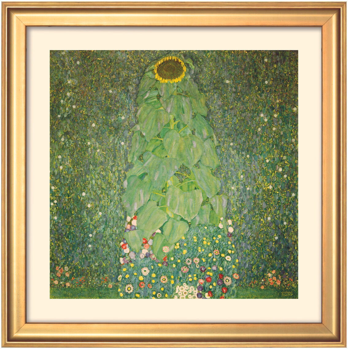 Gemälde von Gustav Klimt mit einer grünen Pflanze, die an eine Sonnenblume erinnert, umgeben von bunten Blumen in grüner Landschaft. Rahmen ist aus goldenem Material.