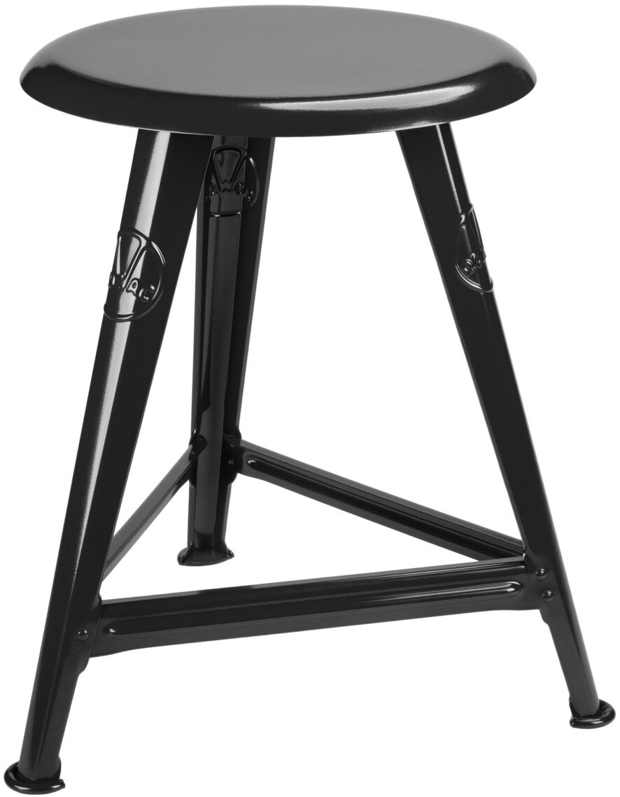Ein schlichter, dreibeiniger Hocker aus schwarzem Stahl im Industriedesign-Stil auf weißem Hintergrund. Das Design ist minimalistisch und robust, geeignet für Wohnräume, Werkstätten oder moderne Büros.