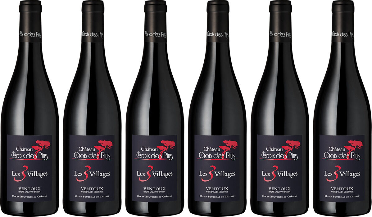 Sechs Flaschen Rotwein der Marke Château Croix de Pins, Ventoux Trois Villages, Les Villages, in einer Reihe nebeneinander. Die Flaschen sind dunkel mit elegantem rot-schwarzem Etikett und französischer Aufschrift. Perfekt geeignet als Weinpaket für Genießer und besondere Anlässe.