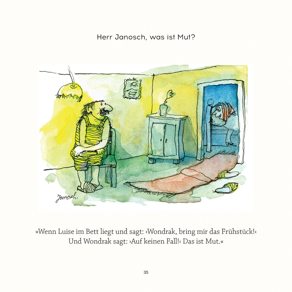 Illustration aus dem Buch »Herr Janosch, worum geht es im Leben eigentlich?« mit Wondrak, der an einem Tisch mit Stuhl sitzt und eine Frau beobachtet, die im Bett liegt. Ein bunter Comic-Stil mit grün, blau, gelb und rot gezeichneten Elementen.