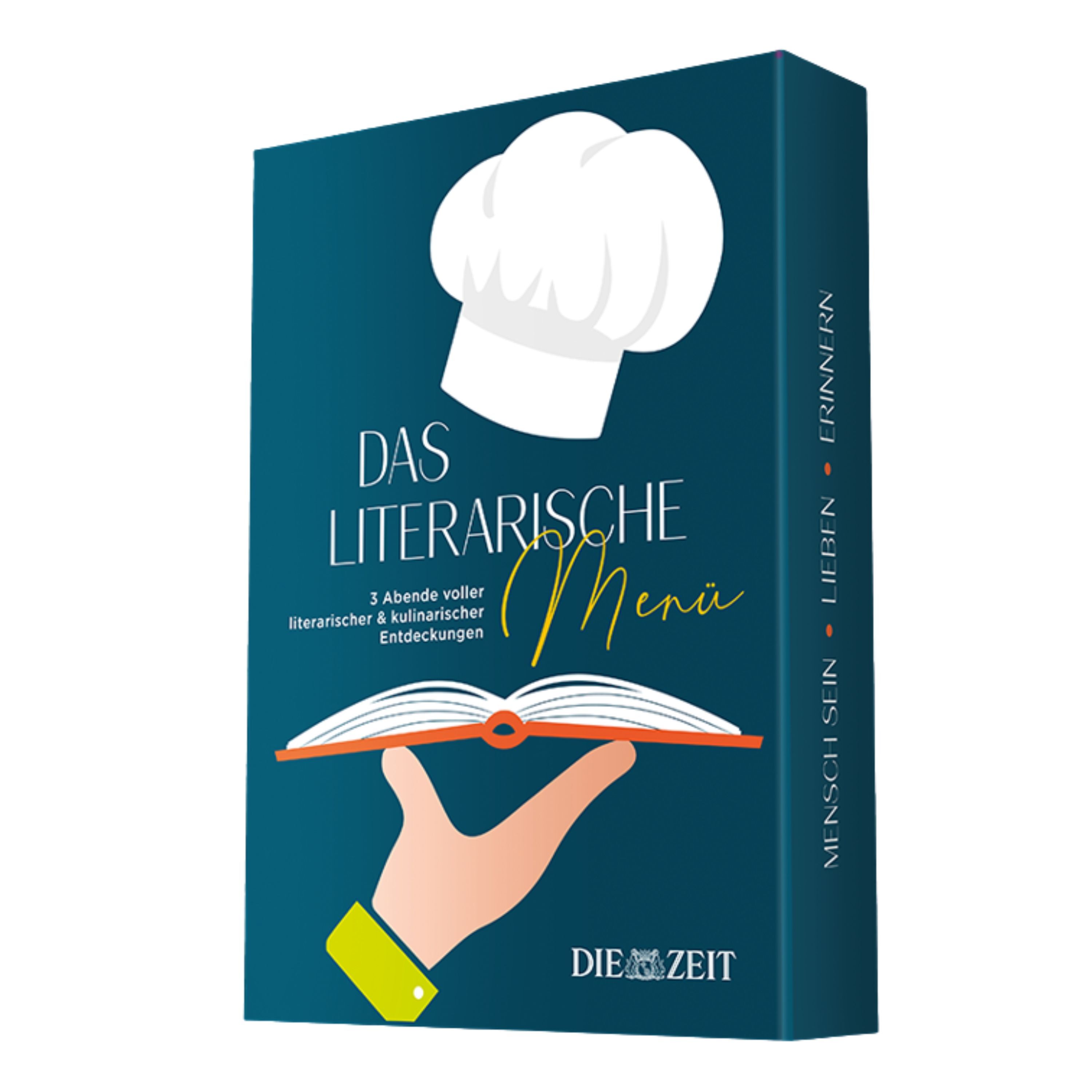 Auf dem Cover der ZEIT-Edition »Das literarische Menü« ist ein dunkelblauer Karton zu sehen, darauf mittig eine stilisierte Hand, die ein aufgeschlagenes Buch hält. Über dem Buch schwebt eine weiße Küchenmütze. Der Titel und die Highlights sind in Weiß und Gelb platziert.