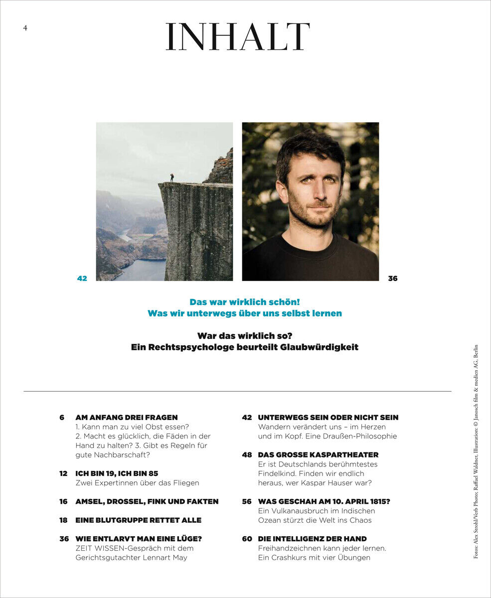 Inhaltsseite der Zeitschrift ZEIT WISSEN 2/25 mit einem Artikel über Humor und Rechtspsychologie, einschließlich Bildern einer natürlichen Landschaft und einer Person.