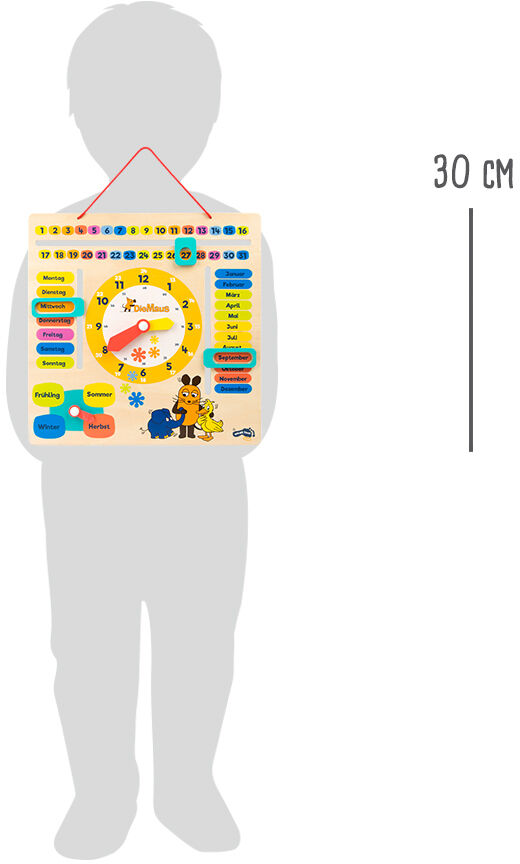 Die Maus Lerntafel ist ein kinderfreundliches Holzspielzeug mit bunten Farben und interaktiven Lernmöglichkeiten. Es hilft Kindern, das Alphabet, Zahlen, Tage, und Monate zu lernen. Das Bild zeigt die Lerntafel, die von einem Kind gehalten wird, und hat eine Höhe von 30 cm.