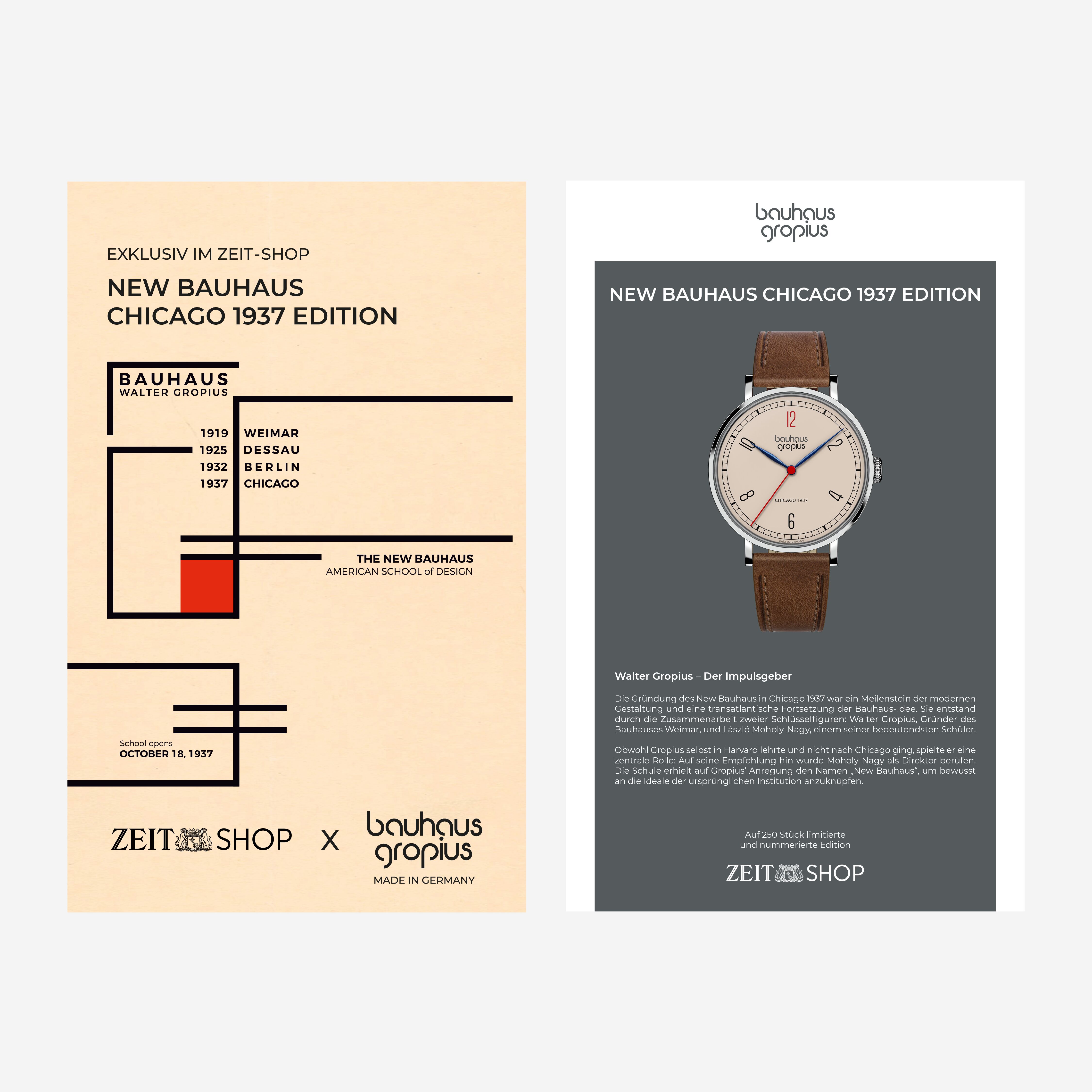 Die Abbildung zeigt eine ZEIT-Sonderedition der Armbanduhr »New Bauhaus Chicago 1937« nach einem Entwurf von Walter Gropius. Die Uhr besitzt ein schlichtes, silbernes Gehäuse, ein beiges Zifferblatt mit roten und schwarzen Akzenten sowie ein braunes Lederarmband. Die Gestaltung ist von minimalistischem Bauhaus-Design inspiriert. Links daneben ein Plakat zur Kollektion mit geometrischen Formen und Informationen zur Bauhaus-Geschichte.