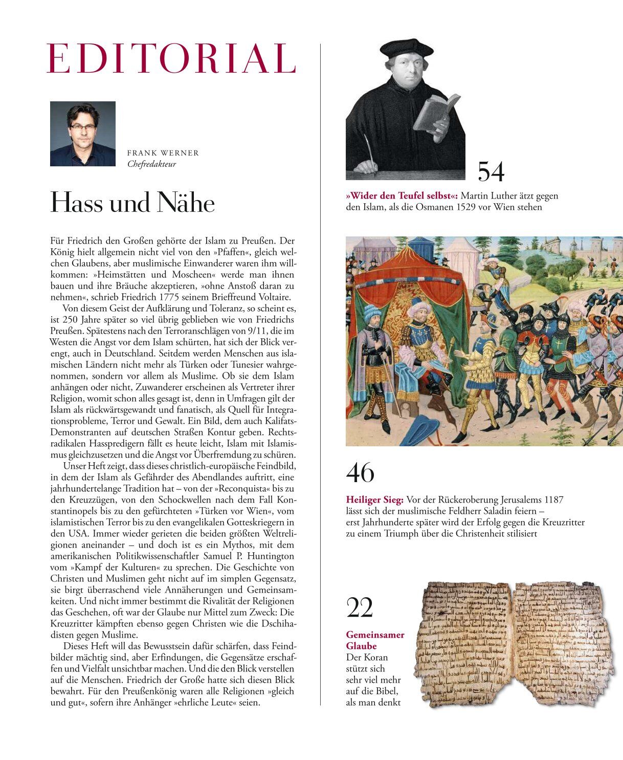Seite mit Editorial aus einem Geschichtsmagazin: Links Fließtext mit Überschrift 'Hass und Nähe', Autorenfoto und Abschnitt zum Thema Christentum und Islam. Rechts Bilder: Porträt von Martin Luther, mittelalterliche Szene mit Rittern, historische Schriftrolle. Dazwischen Bildunterschriften und Seitenzahlen.