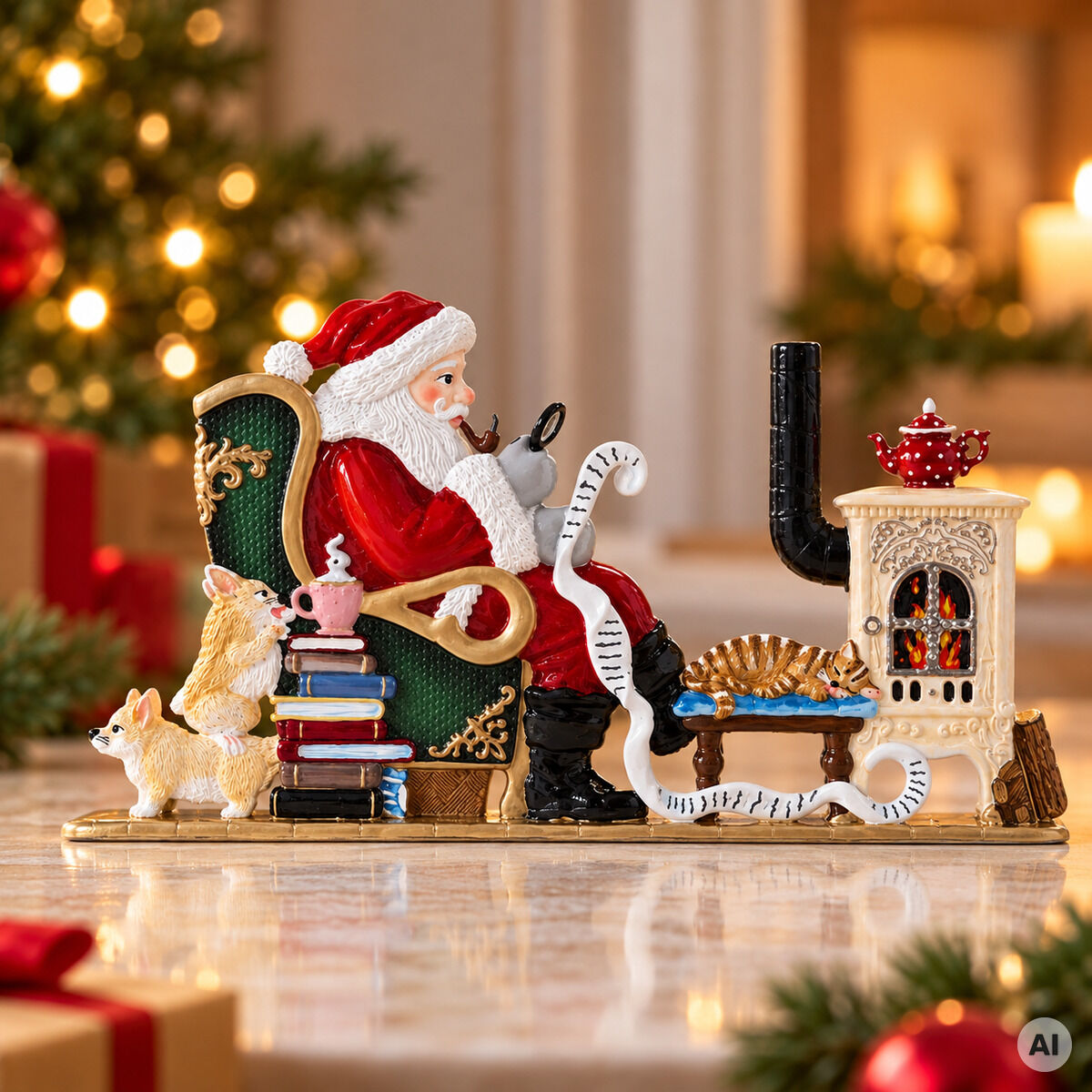 Detailreiche Zinnfigur »Weihnachtsmann's Wunschliste« von Wilhelm Schweizer Zinnmanufaktur: Der Weihnachtsmann sitzt auf grün-goldenem Sessel, schreibt eine lange Liste, umgeben von Buchstapel, Hund und Katze, neben holzbefeuertem Ofen, stimmungsvolle Weihnachtsdeko im Hintergrund.
