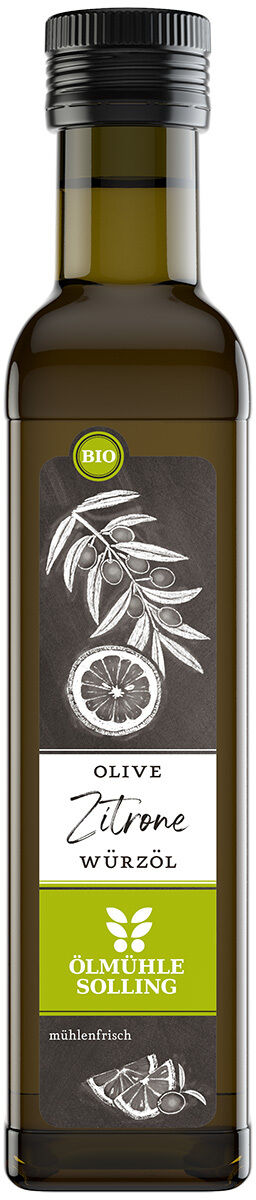 Eine schlanke, dunkelgrüne Glasflasche mit schwarzem Schraubverschluss. Das Etikett zeigt eine grafische Zeichnung von Olivenzweig und Zitrone sowie den Schriftzug "Olive Zitrone Würzöl" und das grüne Bio-Logo der Ölmühle Solling. Design in grünen und weißen Tönen.