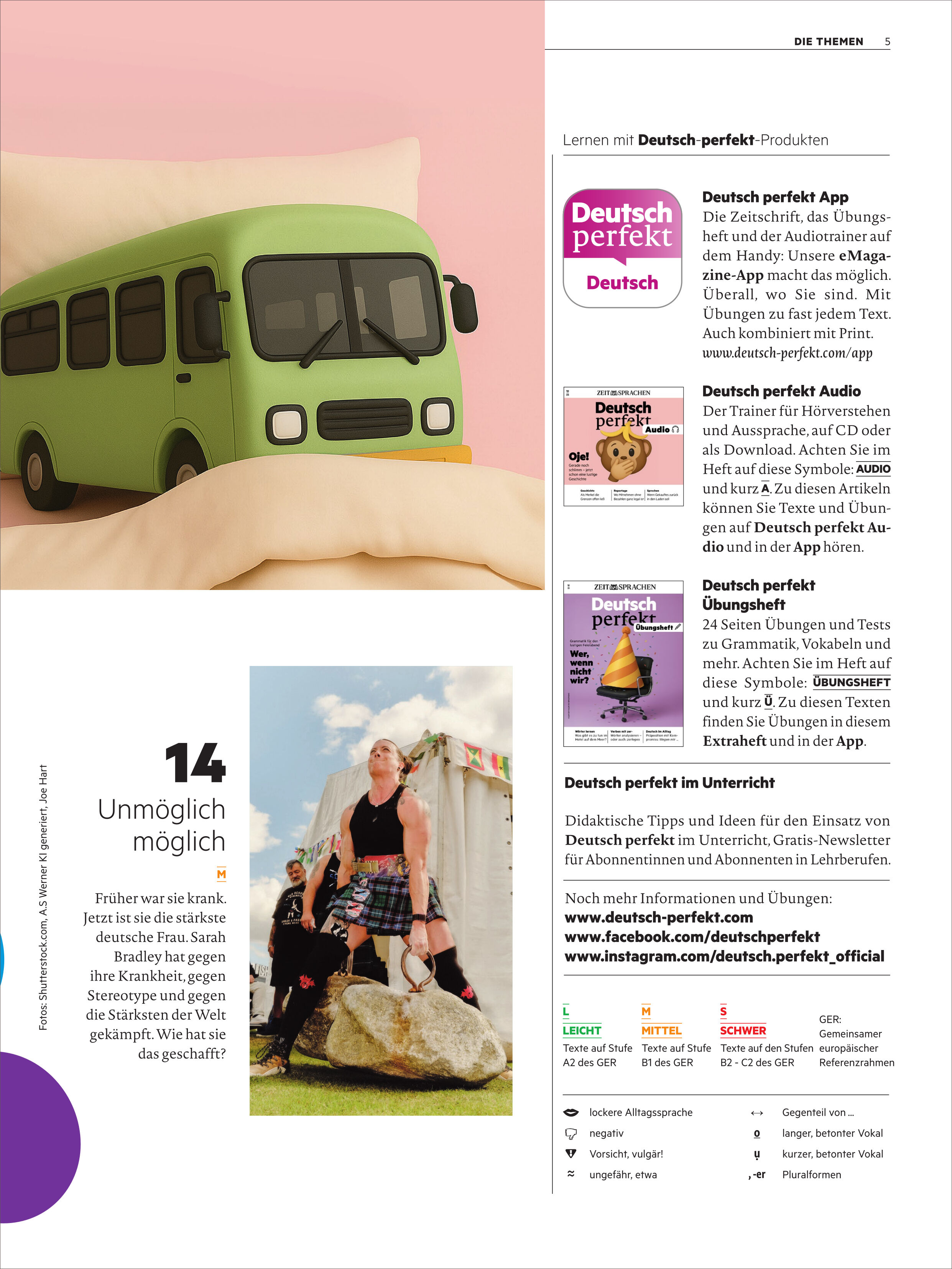Titelbild des Deutsch perfekt Magazins 10/2025 zeigt eine grüne Bus-Illustration auf rosa Hintergrund und eine Person, die draußen mit Felsen und sportlicher Kleidung posiert. Auf der rechten Seite werden Apps und digitale Lernangebote des Magazins beschrieben. Die Gestaltung ist bunt und einladend.