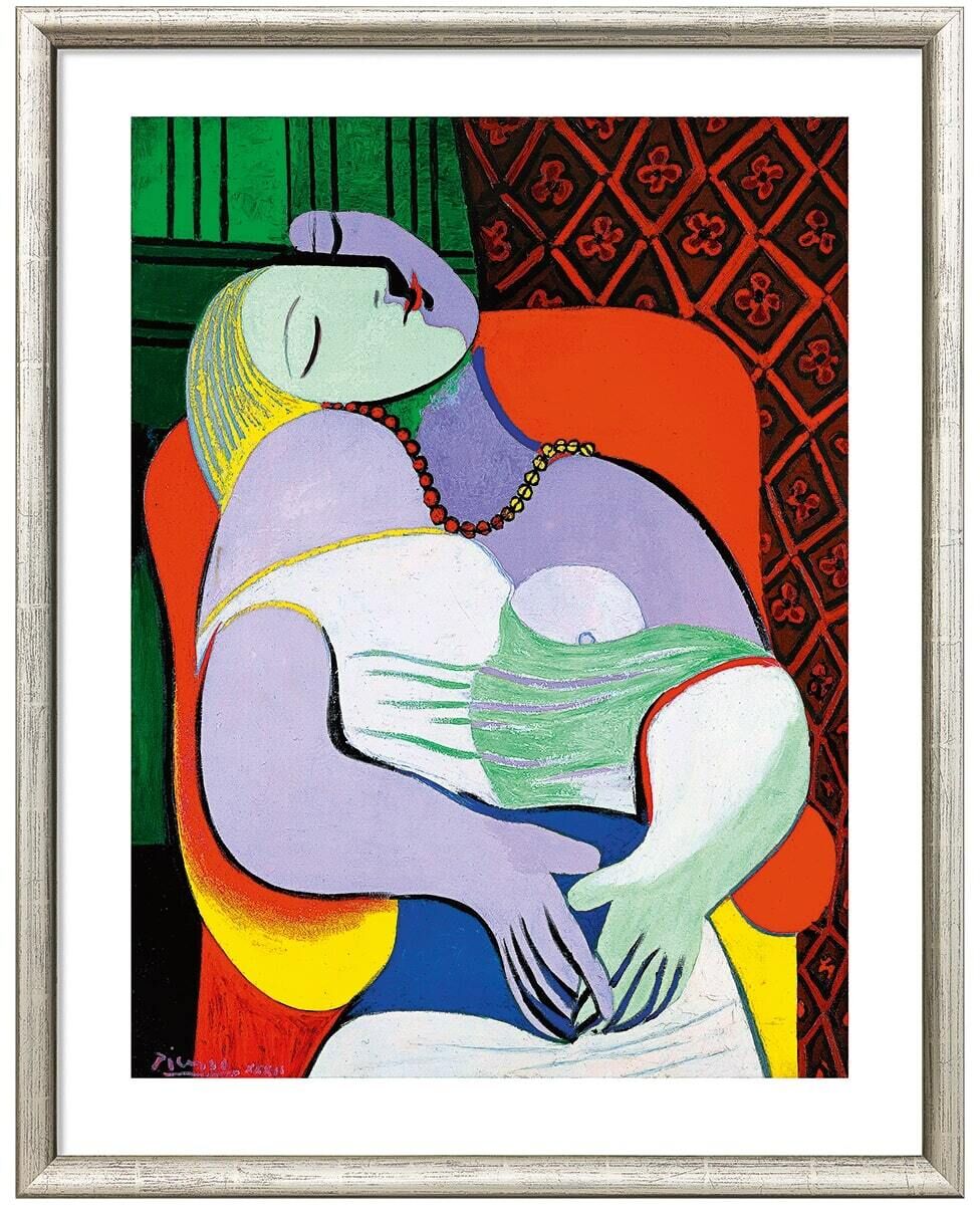 Gemälde von Pablo Picasso mit dem Titel »Le Rêve - Der Traum« aus dem Jahr 1932. Es zeigt eine in einem Sessel schlafende Frau, mit lila Haut, blonden Haaren und einem bunten Hintergrund.