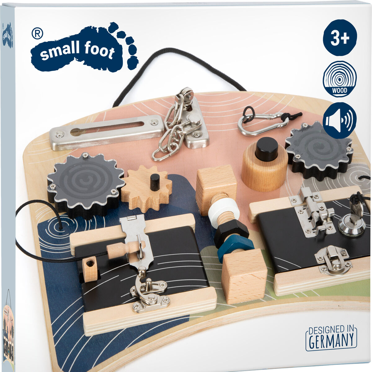 Motorikbrett 'Schlösser und Rotation' von small foot, geeignet für Kinder ab 3 Jahren. Enthält verschiedene mechanische Elemente wie Schlösser und Drehteile aus Holz in verschiedenen Farben wie Braun, Schwarz, Silber, Weiß, Blau und Beige. Hergestellt in Deutschland. Das Motorikbrett fördert die Feinmotorik und Hand-Augen-Koordination.