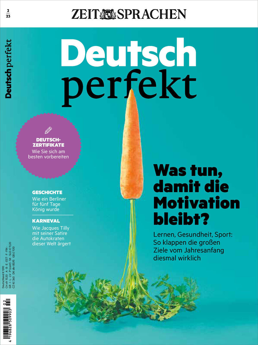 Titelblatt der Ausgabe 02/2023 des Magazins 'Deutsch perfekt'. Eine orange Karotte mit grünen Blättern ist vor einem blauen Hintergrund abgebildet. Text auf dem Titelblatt thematisiert Tipps zur Aufrechterhaltung der Motivation und Themen wie Geschichte, Gesundheit und Sprachzertifikate.