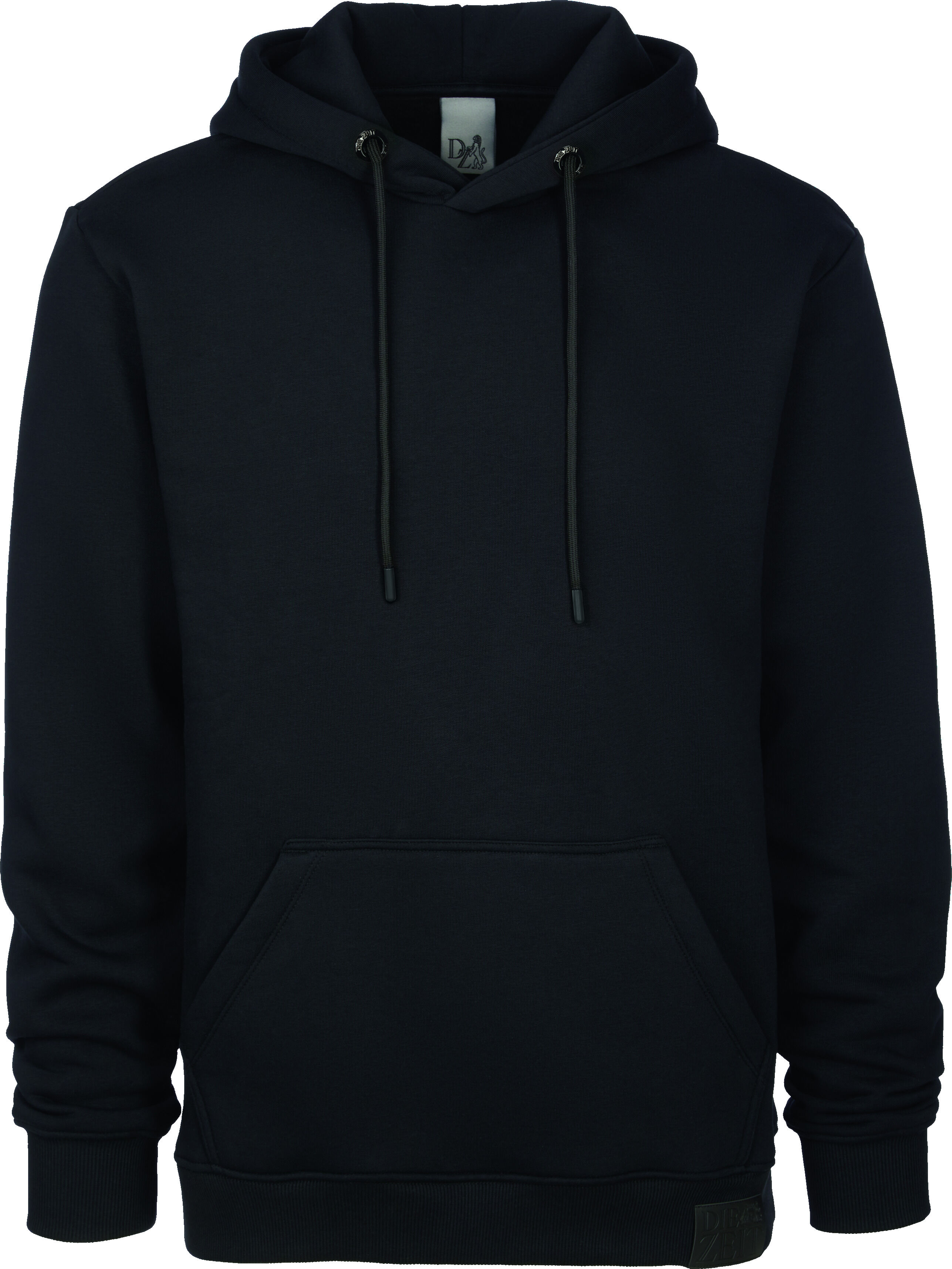 Das Bild zeigt einen dunkelblauen »ZEIT Backprint« Hoodie mit Kapuze und Kängurutasche. Der Hoodie hat eine minimalistische Optik und ist für den täglichen Gebrauch geeignet.