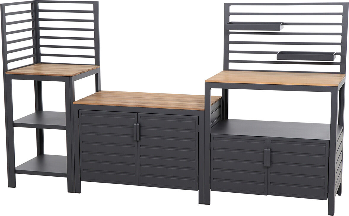 Outdoor Küche Mittelteil 'Sierra' mit schwarzem Metallrahmen und Holzarbeitsfläche, bestehend aus mehreren modulen mit Regalen und Stauraum.