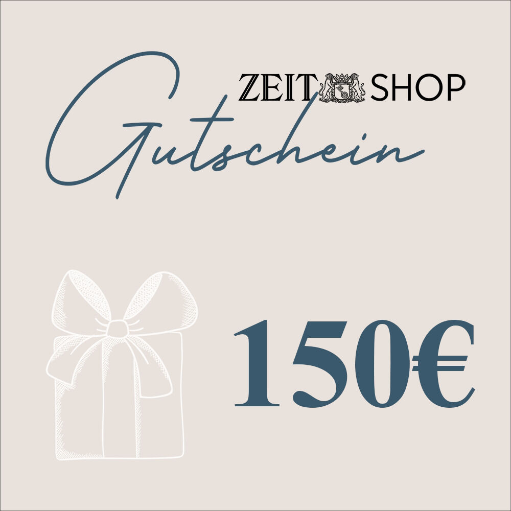 Digitaler 150 EUR Geschenkgutschein vom ZEIT Shop. Der Gutschein zeigt ein weißes Geschenk mit Schleife auf beigem Hintergrund und trägt die Aufschrift 'Gutschein' und '150€' in blauer Schrift.
