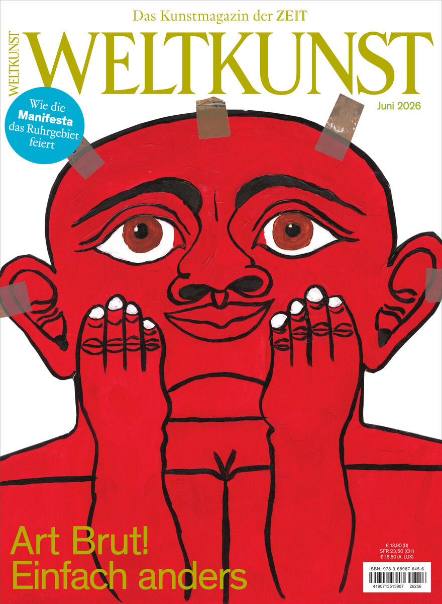Titelbild des Magazins WELTKUNST 256/26: Stilisiertes Porträt einer roten Figur mit großen braunen Augen und Händen vor dem Mund. Überschriften "Art Brut! Einfach anders" und "Wie die Manifesta das Ruhrgebiet feiert". Moderne, plakative Kunst auf weißem Hintergrund.