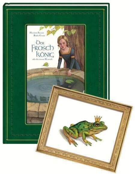 Eine Ausgabe des Märchens »Der Froschkönig« mit einem grünen Buch, das eine Abbildung einer Prinzessin zeigt, die in einen Brunnen schaut, und ein gerahmtes Bild eines Frosches mit einer Krone.