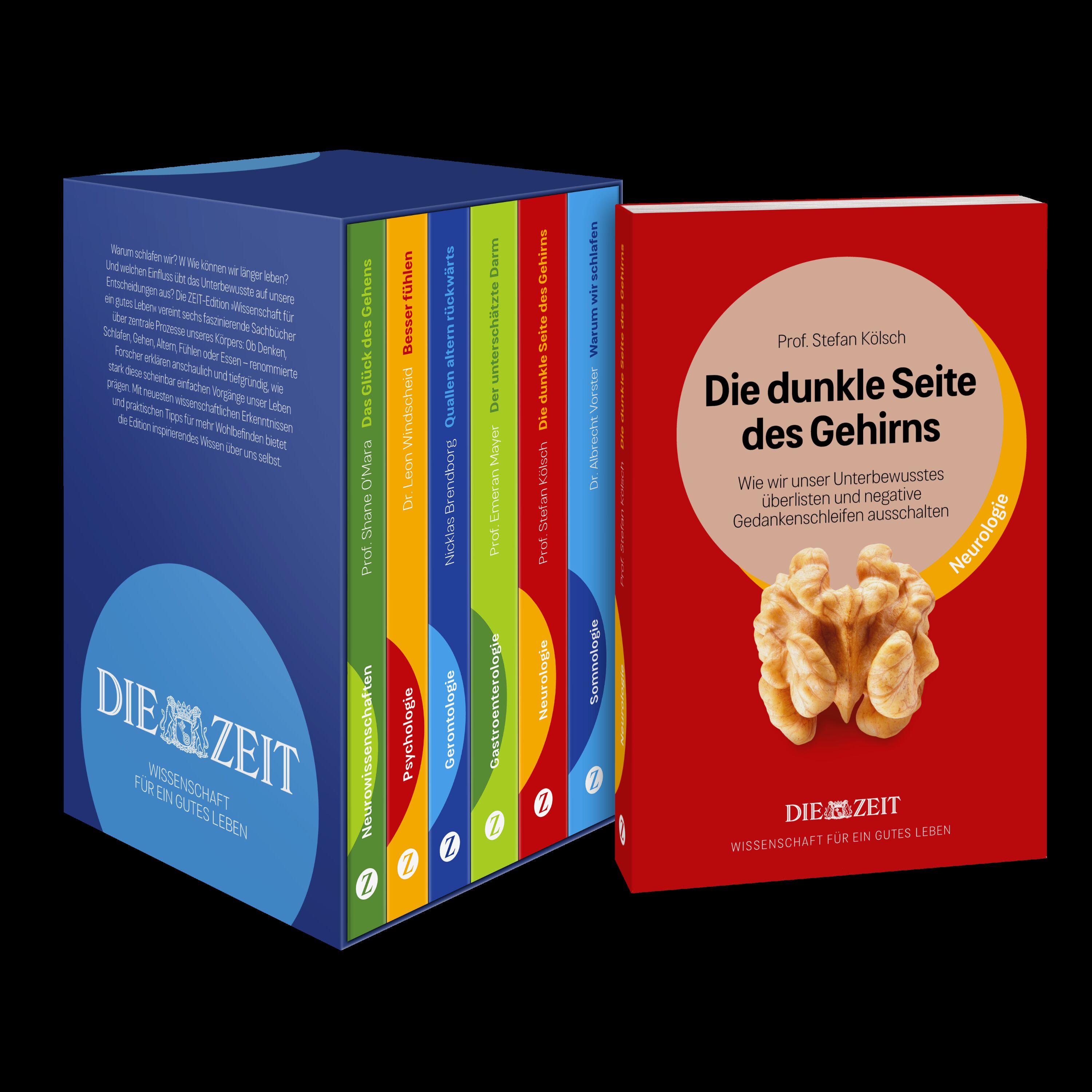 Abbildung der ZEIT-Edition »Wissenschaft für ein gutes Leben«, bestehend aus mehreren farbigen Sachbüchern in einem blauen Schuber. Die Vorderseite eines Buches ist sichtbar, zeigt ein rotes Cover und den Titel »Die dunkle Seite des Gehirns« mit einer Gehirngrafik. Geeignet für Bildungsinteressierte und als Geschenkidee.