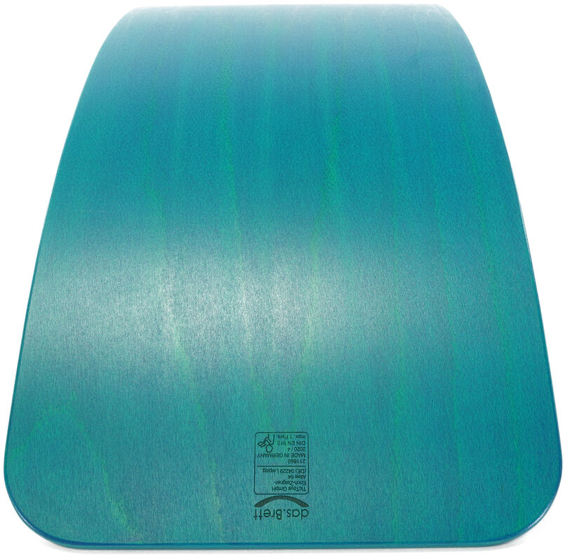 Bild eines Balance Boards »das.Brett« in mintfarben. Das Brett hat eine geschwungene Form und besteht aus Holz.