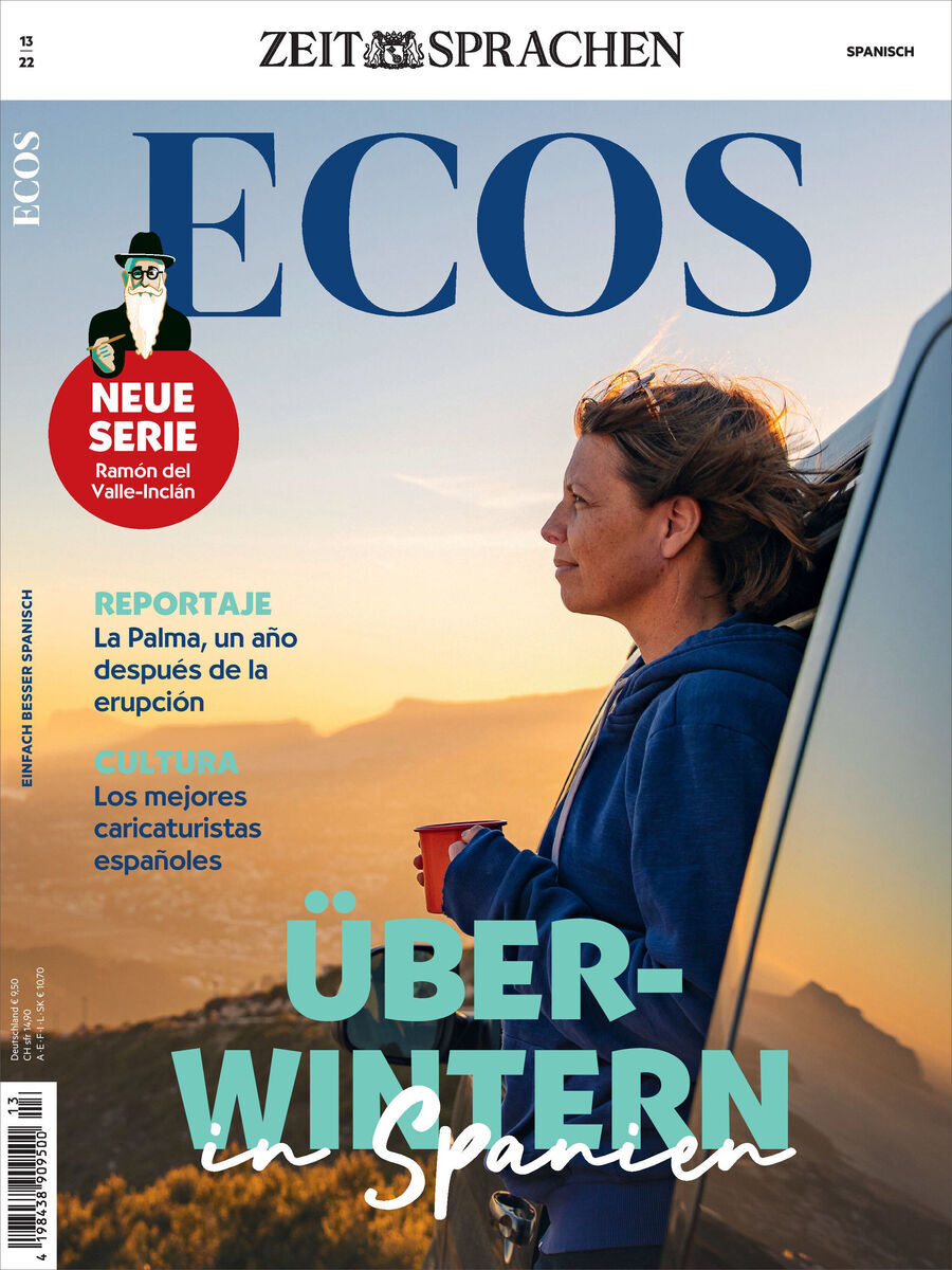 Titelbild der Zeitschrift „Ecos Heft 13/2022“ zeigt eine Frau, die aus einem Fahrzeug hinausblickt. Der Himmel ist klar während des Sonnenuntergangs. Text auf der Zeitschrift: 'Überwintern in Spanien', 'Neue Serie', 'Reportage', 'Kultur'.