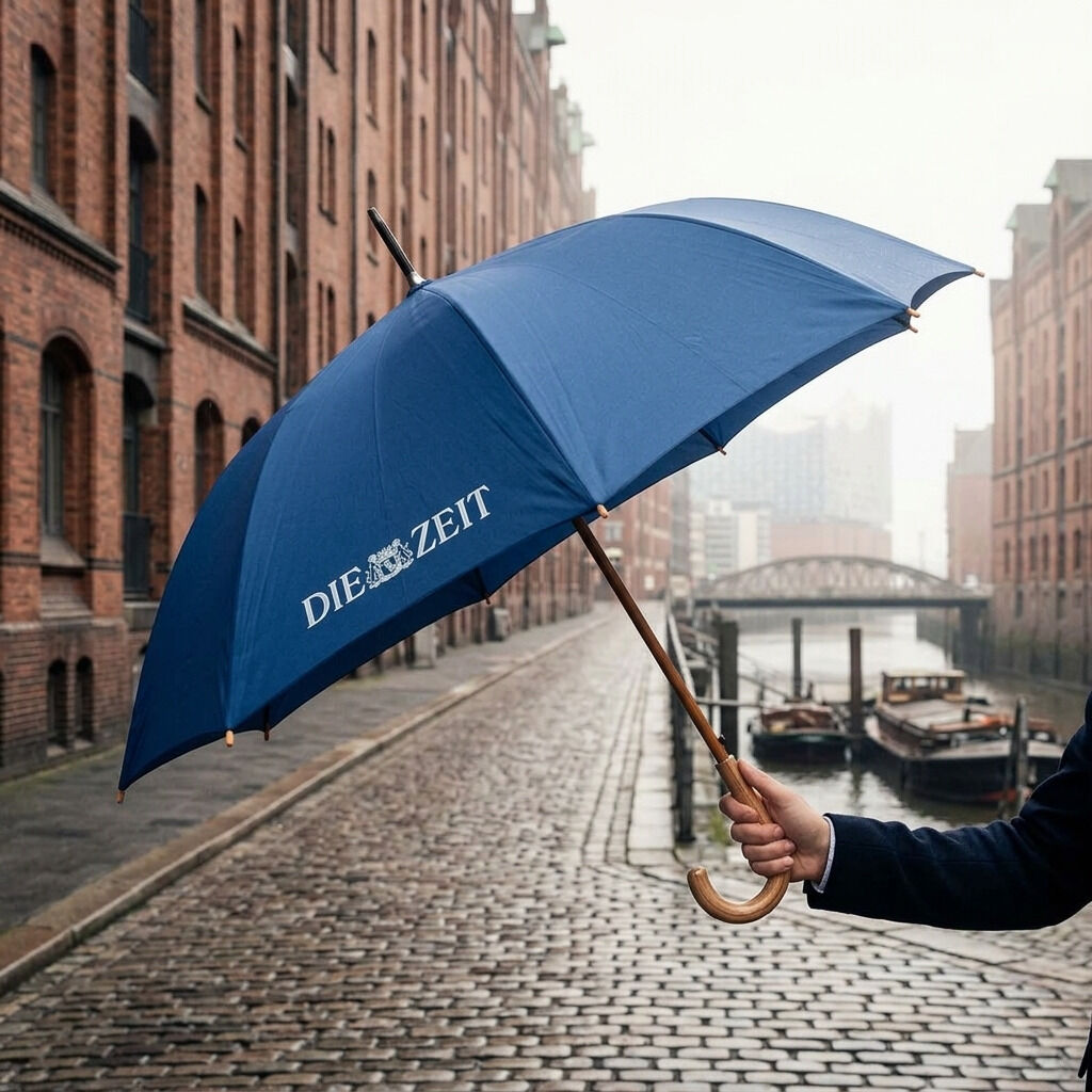 Ein dunkelblauer Regenschirm der Marke DIE ZEIT wird mit elegantem Echtholzgriff auf einem regennassen Kopfsteinpflaster in einer historischen Stadtkulisse mit roten Backsteinfassaden und Wasserkanal präsentiert. Der Schriftzug „DIE ZEIT“ ist auf dem Schirm sichtbar.