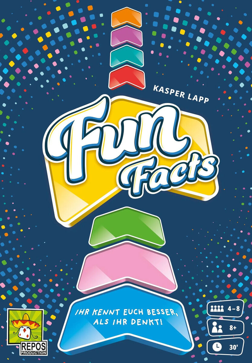 Das Bild zeigt die Verpackung des Spiels 'Fun Facts' von Kasper Lapp. Der Hintergrund ist blau mit bunten Punkten und Pfeilen. Das Logo ist in Gelb und Weiß gehalten. Es gibt Symbole, die darauf hinweisen, dass das Spiel für 4-8 Spieler ab 8 Jahren geeignet ist und etwa 30 Minuten dauert. Unten links ist das Logo von Repos Production zu sehen.
