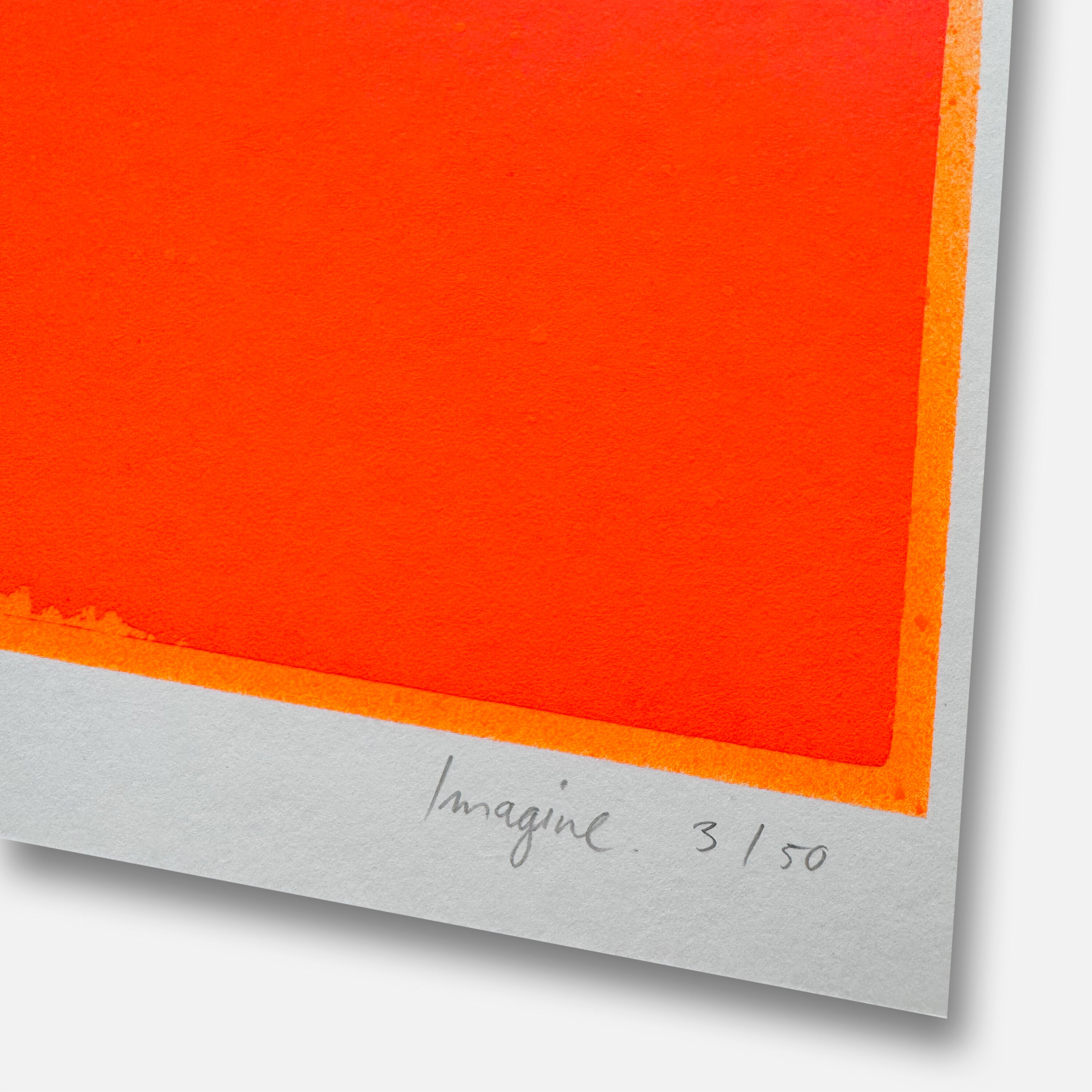 Limitierte Kunstedition mit einem rechteckigen Farbfeld in kräftigen Pink- und Orangetönen auf hellgrauem Hintergrund. Unten von Hand signiert und nummeriert. Modernes, abstraktes Design, geeignet als dekoratives Poster.