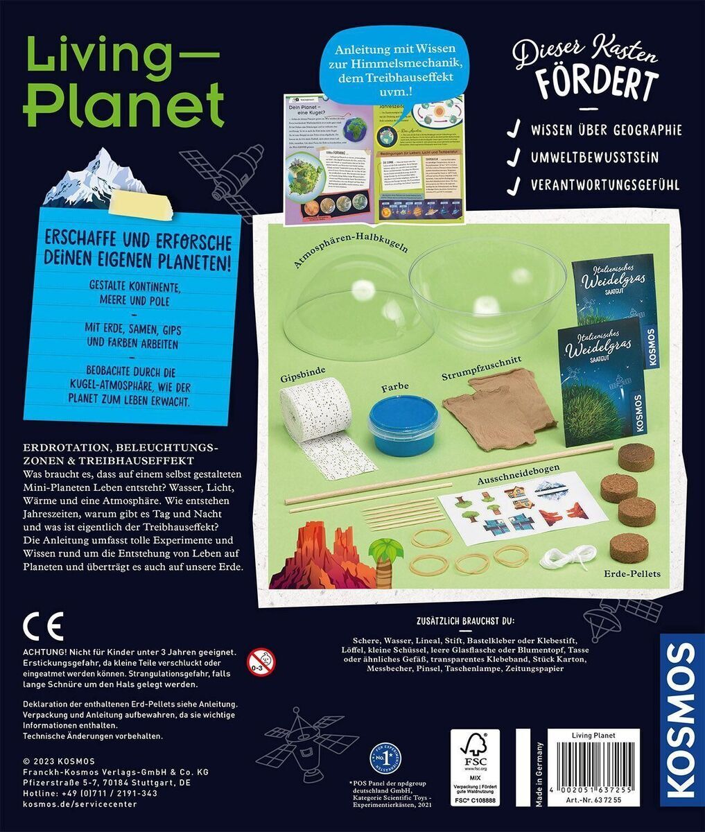 Experimentierkasten 'Living-Planet' von Kosmos mit Materialien für das Nachstellen eines Planeten, inklusive Anleitung, Erde-Pollets und weiteren Utensilien zur Erforschung und Gestaltung eines eigenen Planeten.