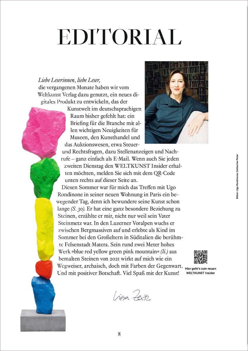 Einseitiges Editorial der Kunstzeitschrift WELTKUNST 231/24 Licht und Lust mit einer farbenfrohen abstrakten Skulptur auf der linken Seite sowie einem Text und einem Porträtfoto einer Frau im Bereich der rechten Seite. Die Skulptur weist leuchtend rote, pinke, gelbe, grüne und blaue Elemente auf. Im Hintergrund ist ein Bücherregal zu erkennen.