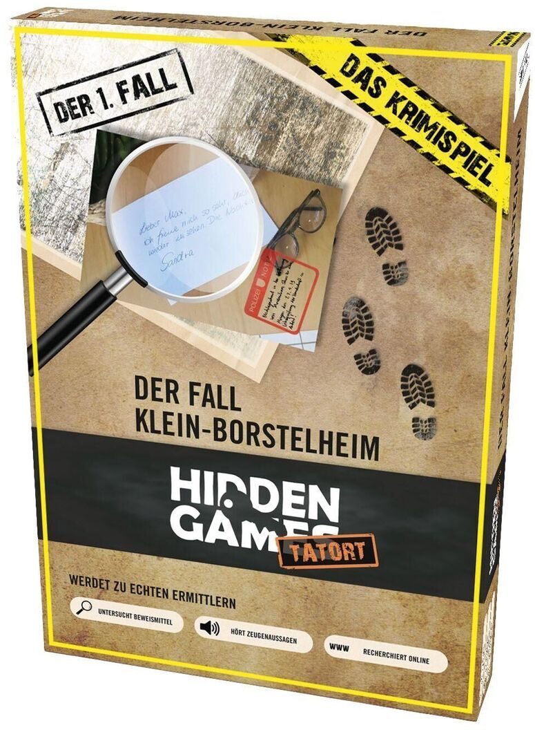 Packung des Spiels 'Hidden Games Tatort: Der Fall Klein-Borstelheim 1.Fall'. Auf der Vorderseite befinden sich Fußspuren, eine Lupe, Notizzettel und ein Foto, alles in einem gelb und schwarz gehaltenen Design mit roten Akzenten.