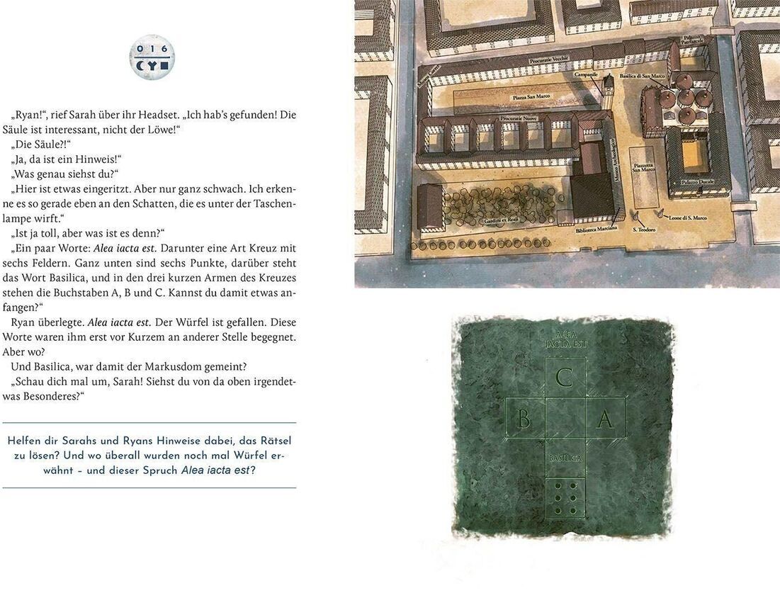 Eine Doppelseite aus dem Buch 'EXIT - Das Buch: Der Löwe von San Marco' zeigt Text und zwei Illustrationen. Die linke Seite enthält Textabschnitte und Dialoge, während die rechte Seite eine topografische Karte und ein rasterisiertes Quadrat zeigt.