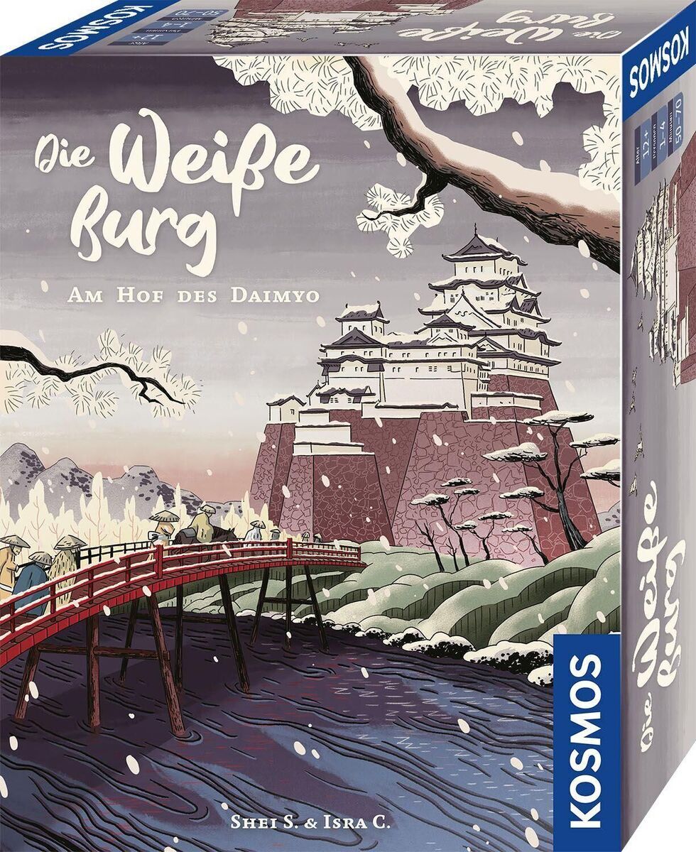Die Verpackung des Brettspiels 'Die Weiße Burg' von KOSMOS zeigt eine detaillierte Illustration einer japanischen Burg in der Edo-Zeit, umgeben von schneebedeckten Landschaften und einer roten Holzbrücke auf der Vorderseite der Schachtel.