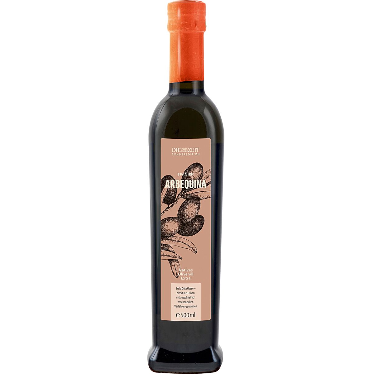 Flasche der ZEIT-Sonderedition »Olivenöl 2025« mit schwarzem Körper, orangenem Verschluss und beige Etikett mit Olivenmotiv. Teil eines dreiteiligen Sets für Gourmets und Kochliebhaber.
