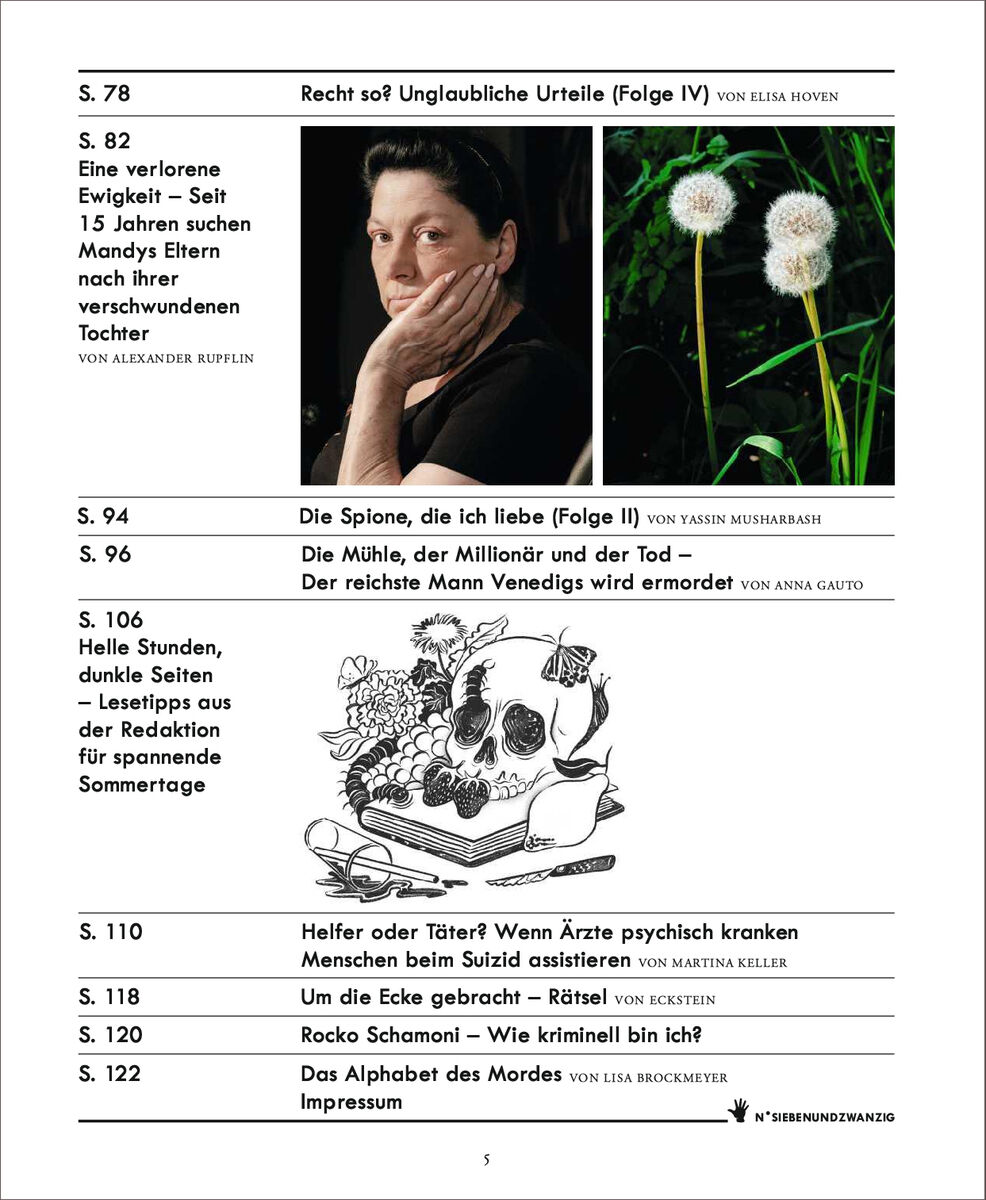 Zeitschriftseite mit verschiedenen Artikeln und Bildern, darunter Gerichtsurteile, Spionagegeschichten, ein Alphabet des Todes und Hinweise zu Beiträgen. Das Layout zeigt Text und Illustrationen in Schwarz-Weiß.