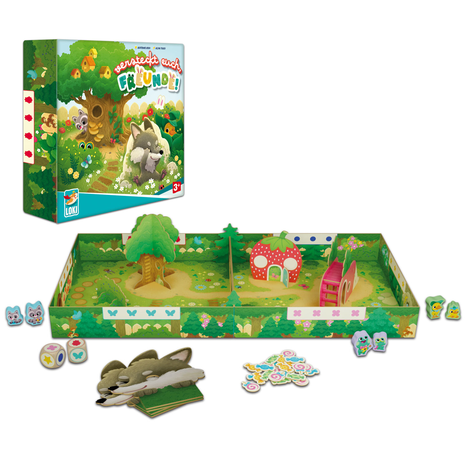 Auf dem Bild ist das Kinderspiel 'Versteckt euch, Freunde!' von Loki abgebildet. Es zeigt einen offenen Spielkarton mit einer bunten, waldähnlichen Landschaft als Spielfläche, kleinen Figuren und Pappteilen, darunter ein Wolf, bunte Würfel und Tiermarker. Das Spiel richtet sich an Kinder ab drei Jahren und ist für mehrere Spieler geeignet.
