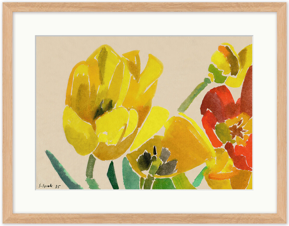 Aquarellgemälde von Siegward Sprotte aus 1975 mit gelben und roten Blumen auf einem beigen Hintergrund. Das Gemälde zeigt einen abstrakten blühenden Garten mit kräftigen Farbtönen.