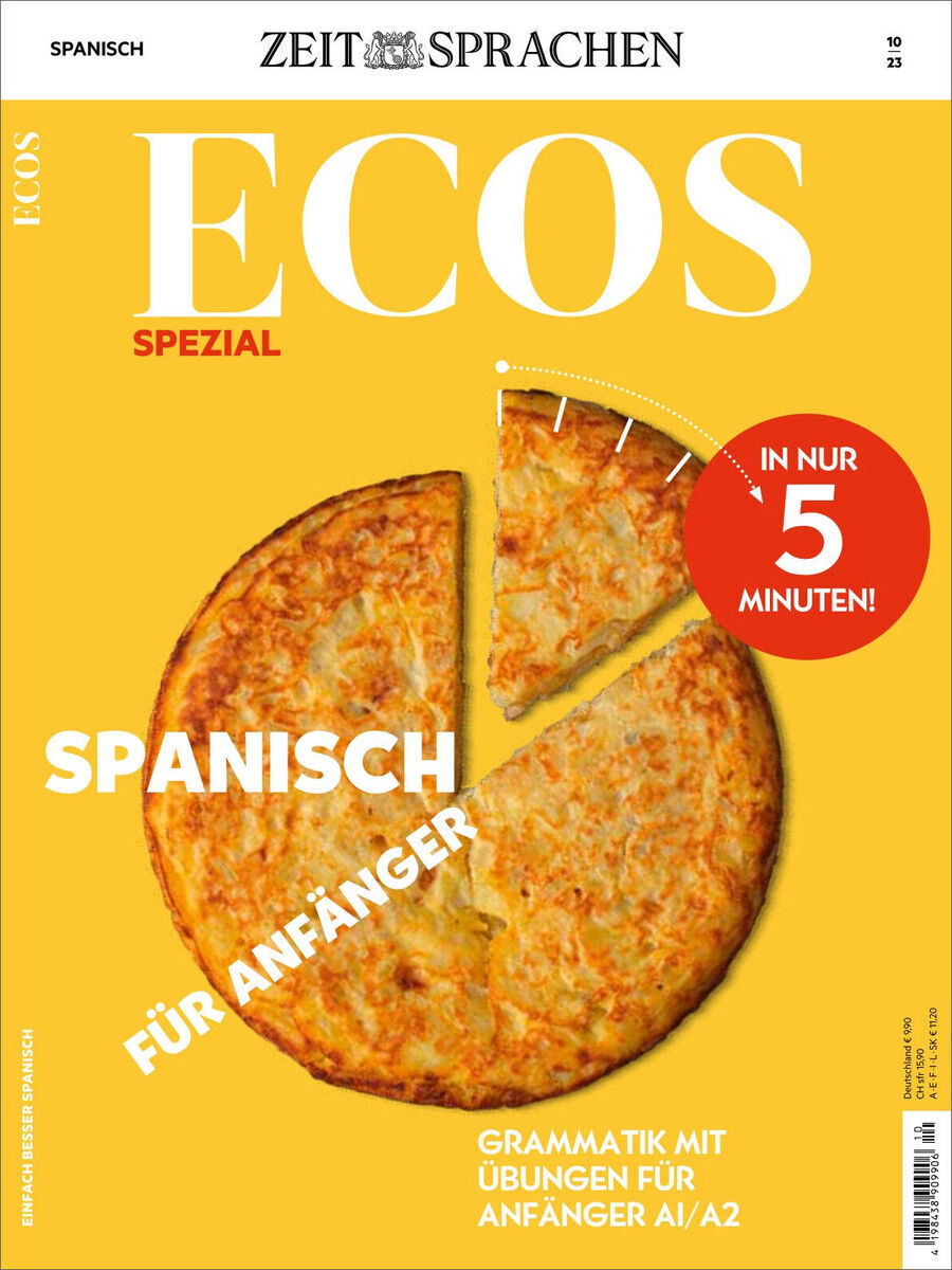 Cover des Ecos Magazins 10/2023 Sonderausgabe. Gelber Hintergrund mit weißem Text 'ECOS SPEZIAL'. Ein geschnittenes Omelett oder Frittata mit einem roten Kreis, der 'IN NUR 5 MINUTEN!' hervorhebt. Text 'SPANISCH FÜR ANFÄNGER' und 'GRAMMATIK MIT ÜBUNGEN FÜR ANFÄNGER A1/A2'.