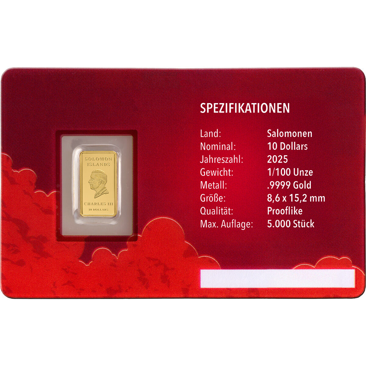 Abgebildet ist eine goldene Münzbarren-Karte mit Schutzengel-Motiv der Salomon-Inseln. Die Karte ist in Rot gehalten und enthält technische Spezifikationen zum Münzbarren: 10 Dollars Nennwert, Jahrgang 2025, 1/100 Unze Feingold, Qualität: Prooflike, Auflage 5.000 Stück. Links ist der Goldbarren im Sichtfenster sichtbar, rechts stehen die Spezifikationen.
