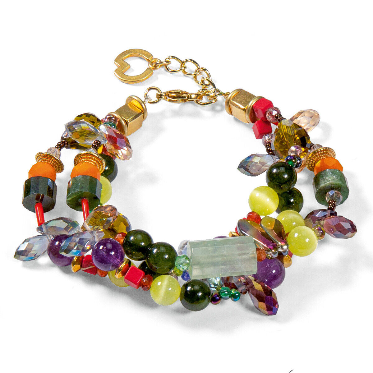 Ein handgefertigtes, buntes Schmuckset von Petra Waszak mit dem Namen »Fanny«, bestehend aus einem Armband mit verschiedenfarbigen Perlen und goldenen Elementen.