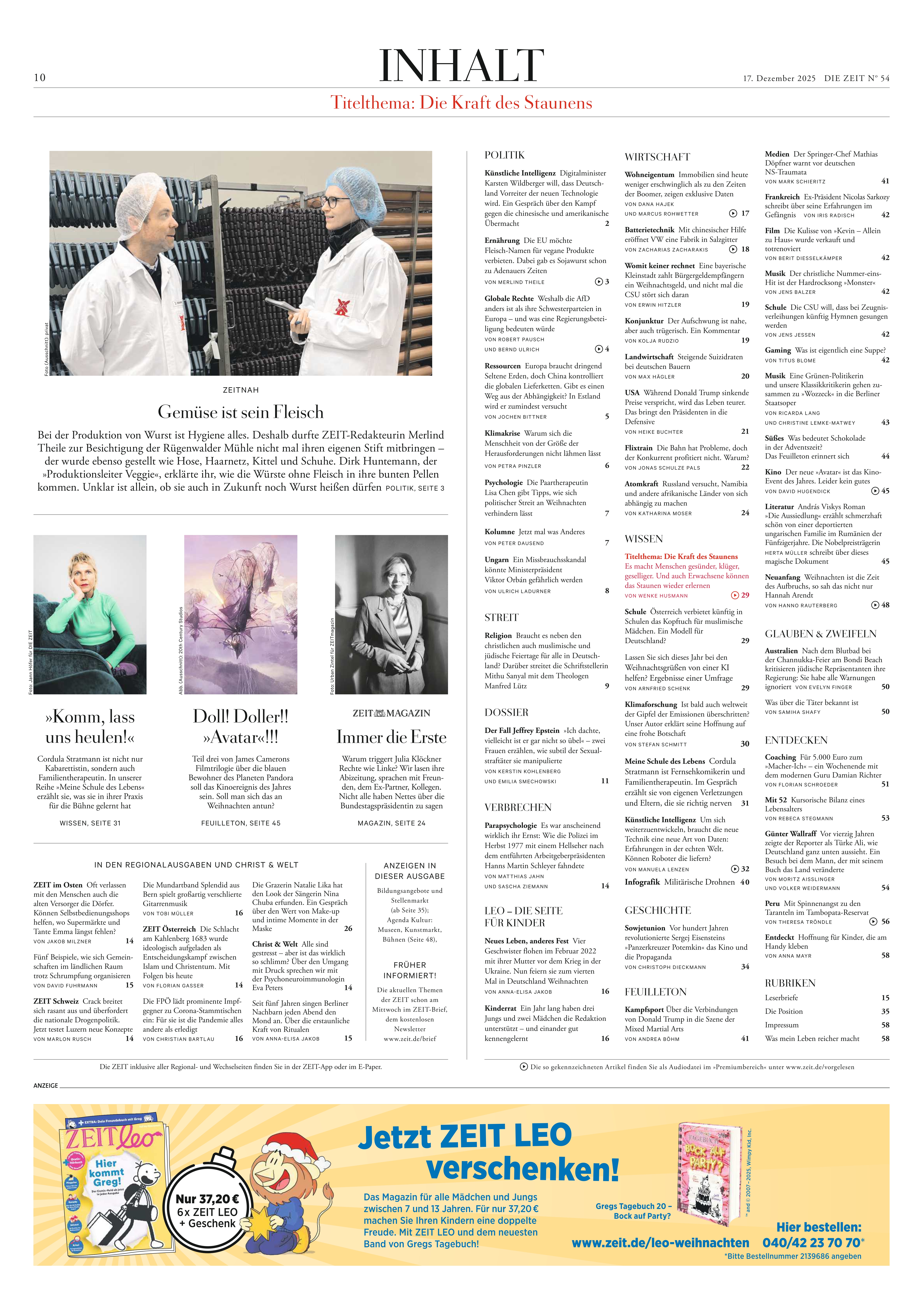 Seite im Zeitungsstil mit großem Inhaltsverzeichnis der Ausgabe 54/2025 von DIE ZEIT. Oben mittig steht "INHALT" mit Themenübersicht, darunter ein Artikel mit zwei Personen im Gespräch in weißer und blauer Schutzkleidung. Es folgen Rubriken, Buchabbildungen, Textlisten sowie eine große gelbe Werbeanzeige unten.